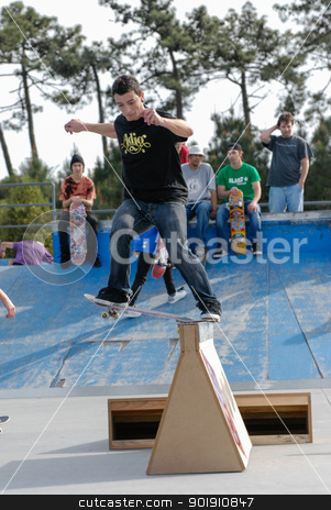 To use this stock image in your creative project, please select the size you need over to the right and click the "Add to Cart" button.
Your downloaded image will come with the Cutcaster watermark removed so don’t worry about the watermark you see on this page. Joao Dantas stock photo, ILHAVO, PORTUGAL - MARCH 16: Joao Dantas on a FS Nose slide during the Skate Open Ilhavo on March 16, 2008 in Ilhavo, Portugal. by Homydesign