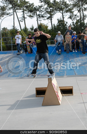 To use this stock image in your creative project, please select the size you need over to the right and click the "Add to Cart" button.
Your downloaded image will come with the Cutcaster watermark removed so don’t worry about the watermark you see on this page. Joao Dantas stock photo, ILHAVO, PORTUGAL - MARCH 16: Joao Dantas on a FS Nose slide during the Skate Open Ilhavo on March 16, 2008 in Ilhavo, Portugal. by Homydesign