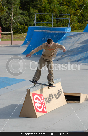 To use this stock image in your creative project, please select the size you need over to the right and click the "Add to Cart" button.
Your downloaded image will come with the Cutcaster watermark removed so don’t worry about the watermark you see on this page. Unknown skater stock photo, ILHAVO, PORTUGAL - MARCH 16: Unknown skater on BS boardslide during the Skate Open Ilhavo on March 16, 2008 in Ilhavo, Portugal. by Homydesign