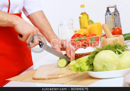 To use this stock image in your creative project, please select the size you need over to the right and click the "Add to Cart" button.
Your downloaded image will come with the Cutcaster watermark removed so don’t worry about the watermark you see on this page. Fresh cut vegetables stock photo, Fresh vegetables being cut with a knife by Sergey Nivens