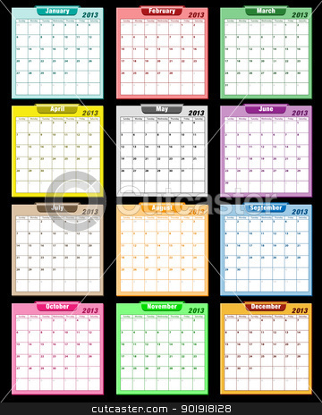 To use this stock image in your creative project, please select the size you need over to the right and click the "Add to Cart" button.
Your downloaded image will come with the Cutcaster watermark removed so don’t worry about the watermark you see on this page. Calendar 2013 assorted colors stock vector clipart, Calendar 2013 in assorted colors with large date boxes. Each month a different color. by toots77