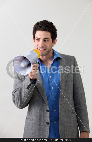 To use this stock image in your creative project, please select the size you need over to the right and click the "Add to Cart" button.
Your downloaded image will come with the Cutcaster watermark removed so don’t worry about the watermark you see on this page. voice out stock photo, Businessman shouting through megaphone by eskaylim