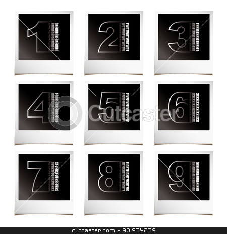 To use this stock image in your creative project, please select the size you need over to the right and click the "Add to Cart" button.
Your downloaded image will come with the Cutcaster watermark removed so don’t worry about the watermark you see on this page. Photo numbers stock vector clipart, Collection of numbers with instant photos and shadow by Michael Travers