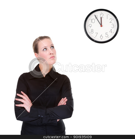 To use this stock image in your creative project, please select the size you need over to the right and click the "Add to Cart" button.
Your downloaded image will come with the Cutcaster watermark removed so don’t worry about the watermark you see on this page. Woman with clock stock photo, Full isolated portrait of a beautiful caucasian businesswoman locking at the clock by Picturehunter