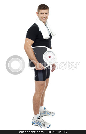 To use this stock image in your creative project, please select the size you need over to the right and click the "Add to Cart" button.
Your downloaded image will come with the Cutcaster watermark removed so don’t worry about the watermark you see on this page. Full length portrait of young male carrying weight scale stock photo, Full length portrait of young male carrying weight scale isolated against white background by Ishay Botbol