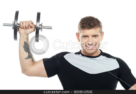 To use this stock image in your creative project, please select the size you need over to the right and click the "Add to Cart" button.
Your downloaded image will come with the Cutcaster watermark removed so don’t worry about the watermark you see on this page. Male instructor posing with raised dumbbell stock photo, Half length portrait of young male instructor posing with raised dumbbell by Ishay Botbol
