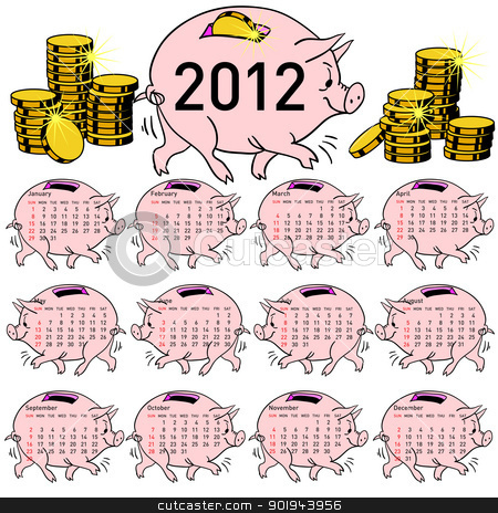 To use this stock image in your creative project, please select the size you need over to the right and click the "Add to Cart" button.
Your downloaded image will come with the Cutcaster watermark removed so don’t worry about the watermark you see on this page. Stylish calendar Pig piggy bank for 2012. stock vector clipart, Stylish calendar Pig piggy bank for 2012. Sundays first by aarrows