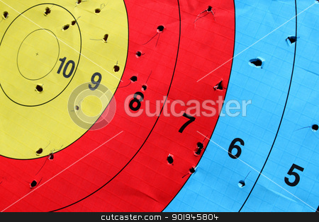 To use this stock image in your creative project, please select the size you need over to the right and click the "Add to Cart" button.
Your downloaded image will come with the Cutcaster watermark removed so don’t worry about the watermark you see on this page. Target stock photo, Close-up of used archery target set on position on archery range by vaximilian