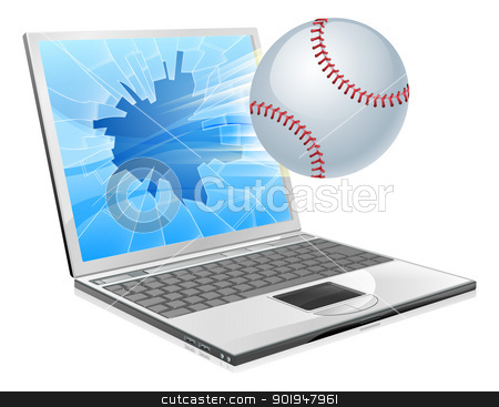 To use this stock image in your creative project, please select the size you need over to the right and click the "Add to Cart" button.
Your downloaded image will come with the Cutcaster watermark removed so don’t worry about the watermark you see on this page. Baseball ball laptop stock vector clipart, Illustration of a baseball ball flying out of a broken laptop computer screen by Christos Georghiou