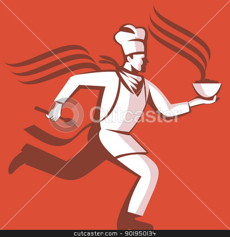 To use this stock image in your creative project, please select the size you need over to the right and click the "Add to Cart" button.
Your downloaded image will come with the Cutcaster watermark removed so don’t worry about the watermark you see on this page. Chef Cook Baker Running With Soup Bowl stock vector clipart, Illustration of a chef cook baker running with spoon and bowl of hot food viewed from side done in retro style. by patrimonio