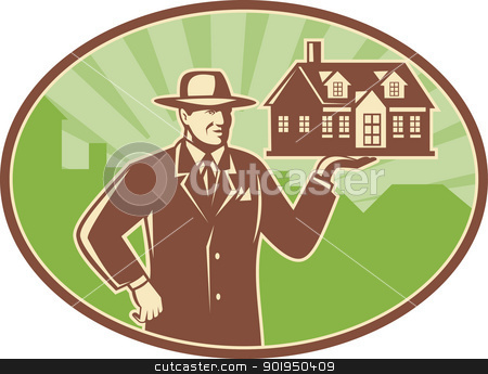 To use this stock image in your creative project, please select the size you need over to the right and click the "Add to Cart" button.
Your downloaded image will come with the Cutcaster watermark removed so don’t worry about the watermark you see on this page. Realtor Real Estate Salesman House Retro stock vector clipart, Illustration of a realtor real estate agent salesman holding a house for sale done in retro woodcut style set inside ellipse. by patrimonio