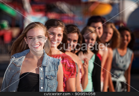 To use this stock image in your creative project, please select the size you need over to the right and click the "Add to Cart" button.
Your downloaded image will come with the Cutcaster watermark removed so don’t worry about the watermark you see on this page. Group of Girls Smiling stock photo, Group of eight girlfriends in a row smiling by Scott Griessel