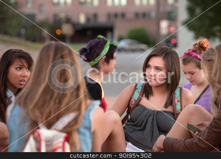 To use this stock image in your creative project, please select the size you need over to the right and click the "Add to Cart" button.
Your downloaded image will come with the Cutcaster watermark removed so don’t worry about the watermark you see on this page. Female Students Talking Outside stock photo, Mixed group of female teenage students in conversation by Scott Griessel