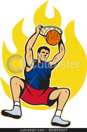 To use this stock image in your creative project, please select the size you need over to the right and click the "Add to Cart" button.
Your downloaded image will come with the Cutcaster watermark removed so don’t worry about the watermark you see on this page. Basketball Player Dunking Ball stock vector clipart, Illustration of a basketball player dunking ball with fire fireball on isolated white background. by patrimonio