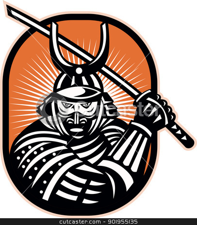 To use this stock image in your creative project, please select the size you need over to the right and click the "Add to Cart" button.
Your downloaded image will come with the Cutcaster watermark removed so don’t worry about the watermark you see on this page. Japanese Samurai Warrior Sword Retro stock vector clipart, Retro illustration of a samurai warrior brandishing katana sword facing front set inside ellipse. by patrimonio