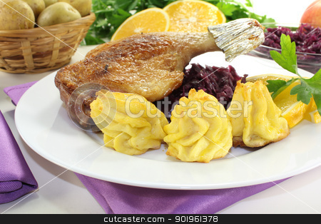 To use this stock image in your creative project, please select the size you need over to the right and click the "Add to Cart" button.
Your downloaded image will come with the Cutcaster watermark removed so don’t worry about the watermark you see on this page. fresh Duck drumstick with red cabbage stock photo, fresh delicious Duck drumstick with duchess potatoes and red cabbage on a light background by Maren Wischnewski