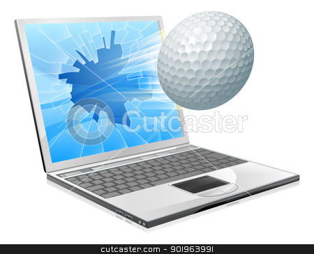 To use this stock image in your creative project, please select the size you need over to the right and click the "Add to Cart" button.
Your downloaded image will come with the Cutcaster watermark removed so don’t worry about the watermark you see on this page. Golf ball laptop screen concept stock vector clipart, Illustration of a golf ball flying out of a broken laptop computer screen by Christos Georghiou