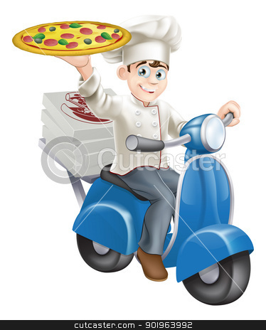 To use this stock image in your creative project, please select the size you need over to the right and click the "Add to Cart" button.
Your downloaded image will come with the Cutcaster watermark removed so don’t worry about the watermark you see on this page. Pizza chef moped delivery stock vector clipart, A smartly dressed pizza chef in his chef whites delivering pizza on his moped. by Christos Georghiou