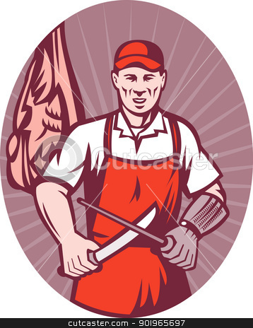 To use this stock image in your creative project, please select the size you need over to the right and click the "Add to Cart" button.
Your downloaded image will come with the Cutcaster watermark removed so don’t worry about the watermark you see on this page. meat butcher with knife and sharpener stock photo, illustration of a meat butcher with knife and sharpener done in retro style set inside a circle with sunburst by patrimonio
