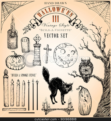 To use this stock image in your creative project, please select the size you need over to the right and click the "Add to Cart" button.
Your downloaded image will come with the Cutcaster watermark removed so don’t worry about the watermark you see on this page. Vintage Style Halloween III Vector Set stock vector clipart, Hand-drawn, interchangeable elements to build-your-own spooky vignette. by ArtnerDluxe