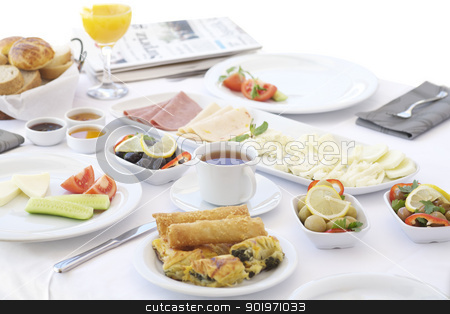 To use this stock image in your creative project, please select the size you need over to the right and click the "Add to Cart" button.
Your downloaded image will come with the Cutcaster watermark removed so don’t worry about the watermark you see on this page. Breakfast table with tea and orange juice stock photo, Breakfast table with cheese, tomatoes, olives, cucumber and pastries by necati turker