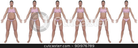 To use this stock image in your creative project, please select the size you need over to the right and click the "Add to Cart" button.
Your downloaded image will come with the Cutcaster watermark removed so don’t worry about the watermark you see on this page. Weight Loss Progress Front View stock photo, A front view illustration of a obese woman's weight loss progress in a series of six renders. Isolated on a solid white background. by Randall Reed