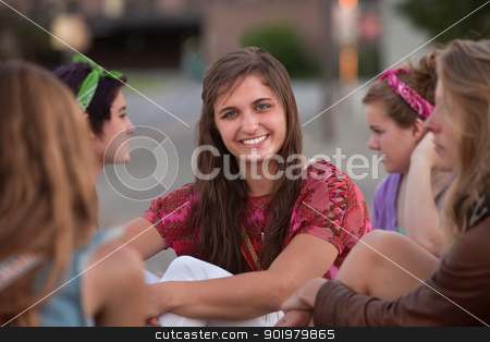 To use this stock image in your creative project, please select the size you need over to the right and click the "Add to Cart" button.
Your downloaded image will come with the Cutcaster watermark removed so don’t worry about the watermark you see on this page. Confident Female Teenager stock photo, Confident Caucasian teenage girl with group of friends by Scott Griessel