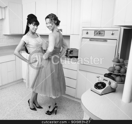 To use this stock image in your creative project, please select the size you need over to the right and click the "Add to Cart" button.
Your downloaded image will come with the Cutcaster watermark removed so don’t worry about the watermark you see on this page. Happy Women stock photo, Happy Caucasian housewives in a retro kitchen with hand on hips by Scott Griessel