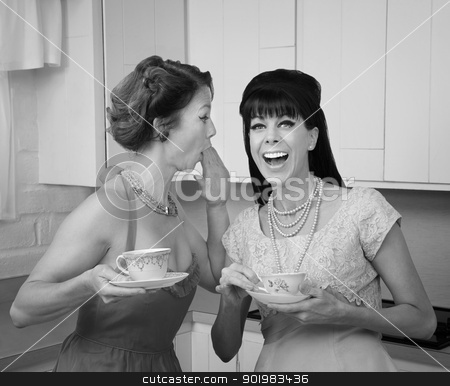 To use this stock image in your creative project, please select the size you need over to the right and click the "Add to Cart" button.
Your downloaded image will come with the Cutcaster watermark removed so don’t worry about the watermark you see on this page. Woman Whispers Joke stock photo, Caucasian woman whispers joke to friend in her kitchen by Scott Griessel