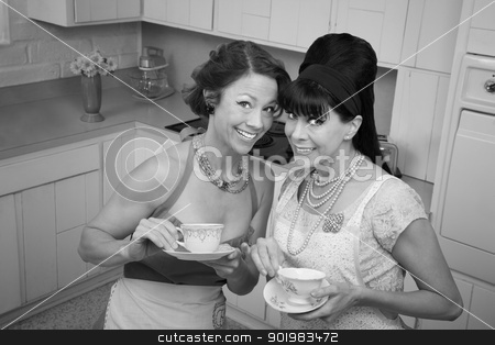 To use this stock image in your creative project, please select the size you need over to the right and click the "Add to Cart" button.
Your downloaded image will come with the Cutcaster watermark removed so don’t worry about the watermark you see on this page. Two Women Gossiping stock photo, Two middle-aged housewives with tea in a kitchen by Scott Griessel