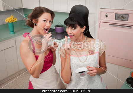 To use this stock image in your creative project, please select the size you need over to the right and click the "Add to Cart" button.
Your downloaded image will come with the Cutcaster watermark removed so don’t worry about the watermark you see on this page. Women Smoking And Drinking Coffee stock photo, Two women smoke cigarettes while having coffee in a retro kitchen scene by Scott Griessel