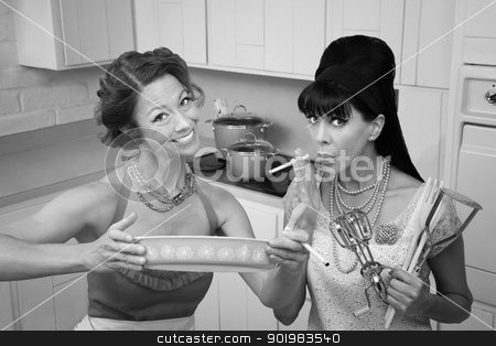 To use this stock image in your creative project, please select the size you need over to the right and click the "Add to Cart" button.
Your downloaded image will come with the Cutcaster watermark removed so don’t worry about the watermark you see on this page. Happy Housewife with Friend stock photo, Happy housewife shows her smoking friend a dish in the kitchen by Scott Griessel