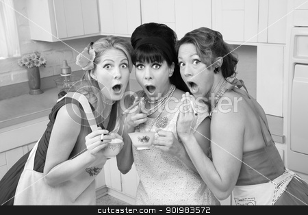 To use this stock image in your creative project, please select the size you need over to the right and click the "Add to Cart" button.
Your downloaded image will come with the Cutcaster watermark removed so don’t worry about the watermark you see on this page. Shocked Women stock photo, Three surprised middle-aged 1950s retro-style women with cigarettes and tea by Scott Griessel