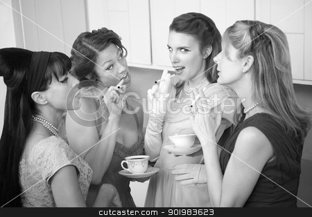 To use this stock image in your creative project, please select the size you need over to the right and click the "Add to Cart" button.
Your downloaded image will come with the Cutcaster watermark removed so don’t worry about the watermark you see on this page. Women Smoking Cigarette stock photo, Four retro-styled women smoking cigarettes and drinking coffee in a kitchen by Scott Griessel
