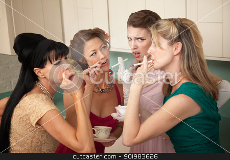 To use this stock image in your creative project, please select the size you need over to the right and click the "Add to Cart" button.
Your downloaded image will come with the Cutcaster watermark removed so don’t worry about the watermark you see on this page. Four Women Smoking stock photo, Unsure young woman around older ladies smoking in the kitchen by Scott Griessel