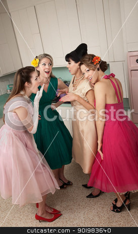 To use this stock image in your creative project, please select the size you need over to the right and click the "Add to Cart" button.
Your downloaded image will come with the Cutcaster watermark removed so don’t worry about the watermark you see on this page. Women Gossips stock photo, Group of four retro-styled women gossip in a kitchen by Scott Griessel