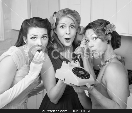 To use this stock image in your creative project, please select the size you need over to the right and click the "Add to Cart" button.
Your downloaded image will come with the Cutcaster watermark removed so don’t worry about the watermark you see on this page. Three Retro Women stock photo, Three pretty women in kitchen with telephone by Scott Griessel
