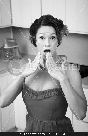 To use this stock image in your creative project, please select the size you need over to the right and click the "Add to Cart" button.
Your downloaded image will come with the Cutcaster watermark removed so don’t worry about the watermark you see on this page. Shocked Woman stock photo, Shocked middle-aged woman in kitchen with hands by her mouth by Scott Griessel