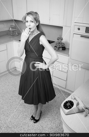 To use this stock image in your creative project, please select the size you need over to the right and click the "Add to Cart" button.
Your downloaded image will come with the Cutcaster watermark removed so don’t worry about the watermark you see on this page. Forgetful Woman stock photo, Forgetful middle-aged Caucasian woman with hand on hip in retro-styled kitchen scene by Scott Griessel