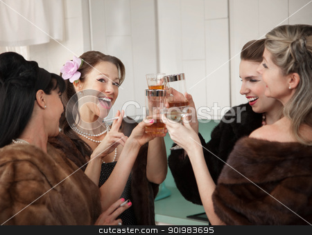 To use this stock image in your creative project, please select the size you need over to the right and click the "Add to Cart" button.
Your downloaded image will come with the Cutcaster watermark removed so don’t worry about the watermark you see on this page. Women Raising A Toast stock photo, Group of four women with fur coats raising a toast in a kitchen by Scott Griessel