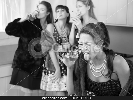 To use this stock image in your creative project, please select the size you need over to the right and click the "Add to Cart" button.
Your downloaded image will come with the Cutcaster watermark removed so don’t worry about the watermark you see on this page. Woman Reacts to a Strong Drink stock photo, Woman reacts to strong alcohol while friends smoke and drink in the kitchen by Scott Griessel