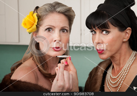 To use this stock image in your creative project, please select the size you need over to the right and click the "Add to Cart" button.
Your downloaded image will come with the Cutcaster watermark removed so don’t worry about the watermark you see on this page. Women Smoking Weed stock photo, Two retro-styled Caucasian women in mink coats smoke weed by Scott Griessel