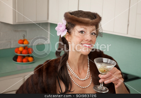 To use this stock image in your creative project, please select the size you need over to the right and click the "Add to Cart" button.
Your downloaded image will come with the Cutcaster watermark removed so don’t worry about the watermark you see on this page. Woman Enjoying Martini stock photo, Caucasian woman wearing veil and mink coat enjoying martini in kitchen by Scott Griessel