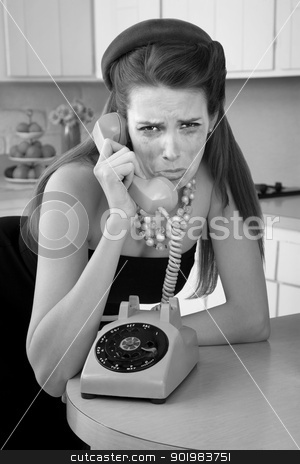 To use this stock image in your creative project, please select the size you need over to the right and click the "Add to Cart" button.
Your downloaded image will come with the Cutcaster watermark removed so don’t worry about the watermark you see on this page. Woman Crys On The Phone stock photo, Mascara smeared housewife crys on phone in a retro-style scene by Scott Griessel