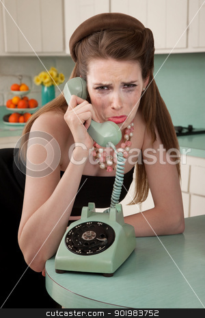 To use this stock image in your creative project, please select the size you need over to the right and click the "Add to Cart" button.
Your downloaded image will come with the Cutcaster watermark removed so don’t worry about the watermark you see on this page. Woman Crys On The Phone stock photo, Mascara smeared housewife crys on phone in a retro-style scene by Scott Griessel