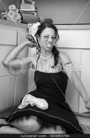 To use this stock image in your creative project, please select the size you need over to the right and click the "Add to Cart" button.
Your downloaded image will come with the Cutcaster watermark removed so don’t worry about the watermark you see on this page. Upset Woman stock photo, Upset woman on kitchen floor throws a hand blender by Scott Griessel