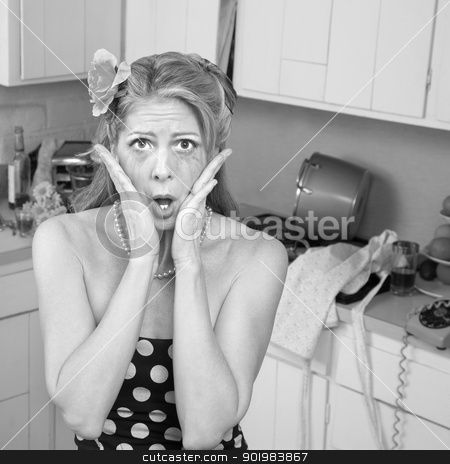 To use this stock image in your creative project, please select the size you need over to the right and click the "Add to Cart" button.
Your downloaded image will come with the Cutcaster watermark removed so don’t worry about the watermark you see on this page. Shocked Woman stock photo, Shocked woman weeping with hands on face in retro-styled kitchen scene by Scott Griessel