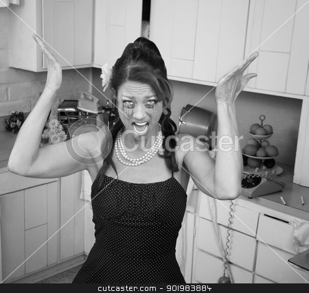 To use this stock image in your creative project, please select the size you need over to the right and click the "Add to Cart" button.
Your downloaded image will come with the Cutcaster watermark removed so don’t worry about the watermark you see on this page. Messy Woman Yelling stock photo, Messy housewife in kitchen yells with her hands raised by Scott Griessel
