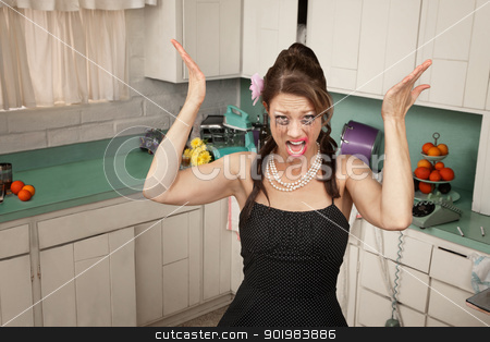 To use this stock image in your creative project, please select the size you need over to the right and click the "Add to Cart" button.
Your downloaded image will come with the Cutcaster watermark removed so don’t worry about the watermark you see on this page. Messy Woman Yelling stock photo, Messy housewife in kitchen yells with her hands raised by Scott Griessel