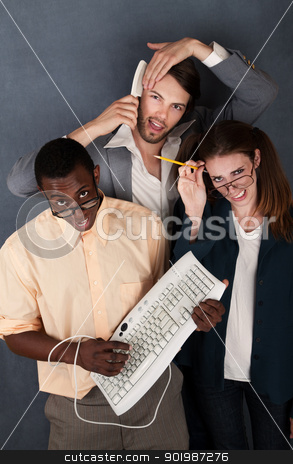 To use this stock image in your creative project, please select the size you need over to the right and click the "Add to Cart" button.
Your downloaded image will come with the Cutcaster watermark removed so don’t worry about the watermark you see on this page. Three Funny Looking Adults stock photo, Geek with keyboard, salesman combing his hair and a nerd scratching her head by Scott Griessel